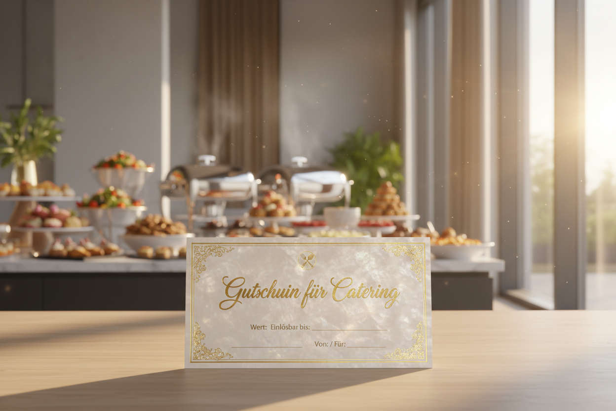 Ein gutschein animiert auf dem nur "Gutschein für Catering" steht in einem hellen raum inn dem im hintergund ein catering buffet zu sehen ist